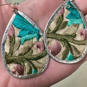 Embroidered Teardrop Earrings with Silver Accents